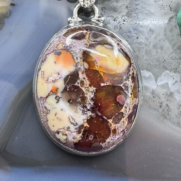 Sterling Silver Southwestern Style Oval Mexican Fire Opal Pendant For Women - Picture 6 of 10